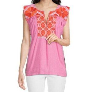J. Marie Women XS Ember Top Pink Embroidered Peasant Blouse Boho Cotton Oversize